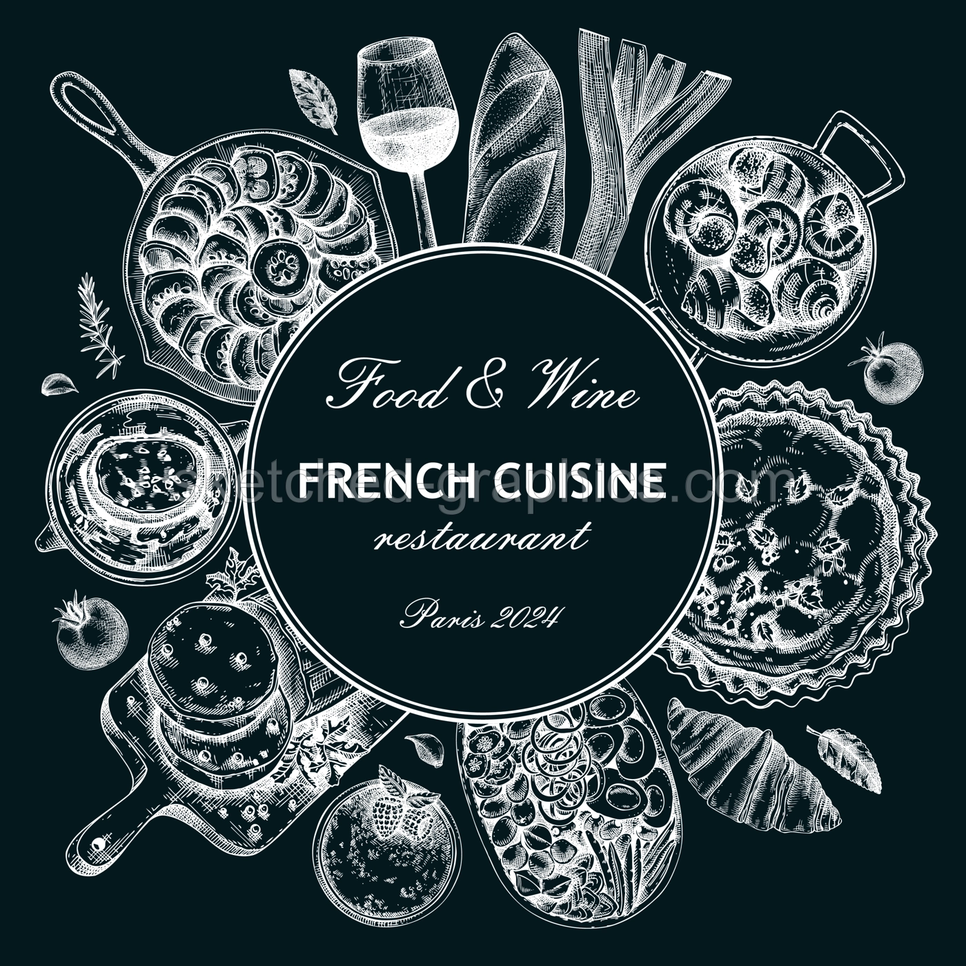 French food wreath design. Retro food and wine sketches on chalkboard. European restaurant menu template. France background. Hand-drawn vector illustration, NOT AI generated Illustration